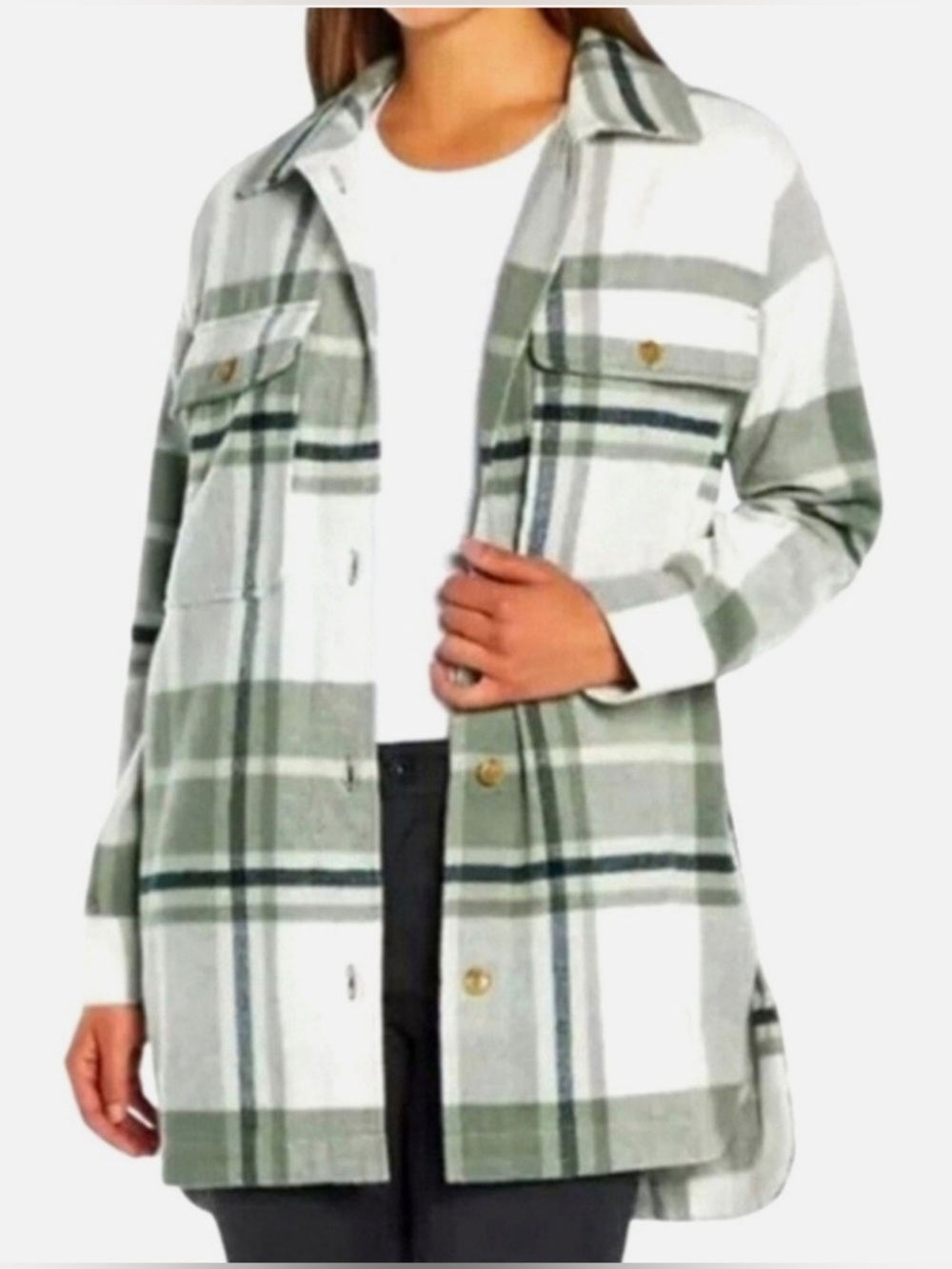 Banana Republic Ivory Green Plaid Oversized Wool Blend Pockets Shacket Size L